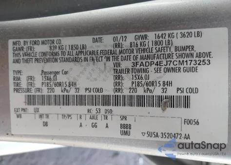 2012 Ford Fiesta Se z USA, uszkodzony, nr VIN 3FADP4EJ7CM173253